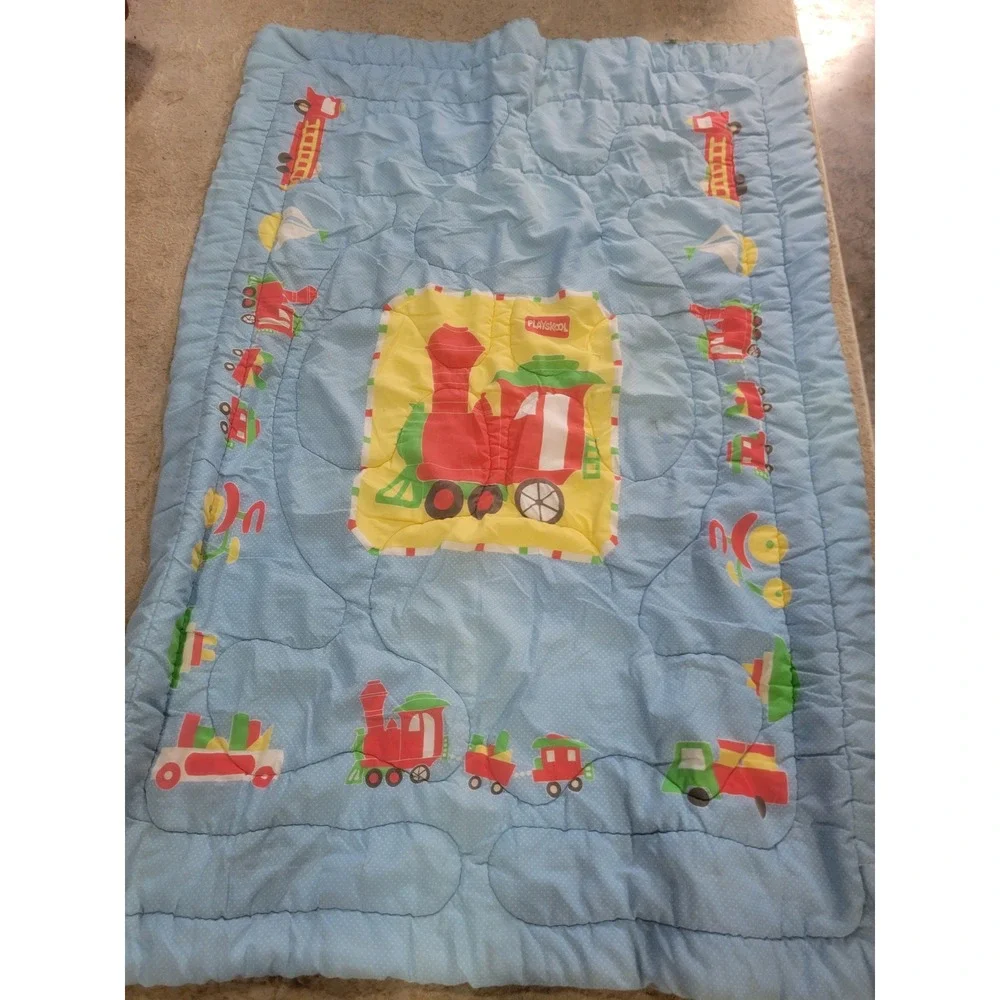 Vintage Playskool Quilted Baby Blanket Train Fire Truck full comforter 53x33